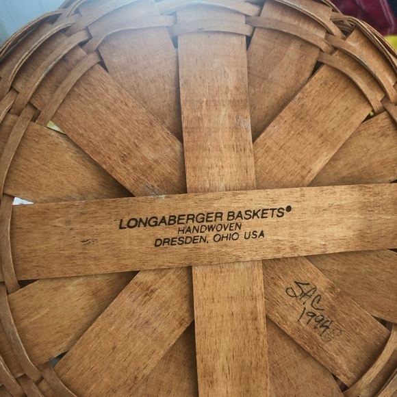 VTG Longaberger Round Weave Basket Natural Wood Leather Handles 1994 Cloth Liner - Picture 7 of 9
